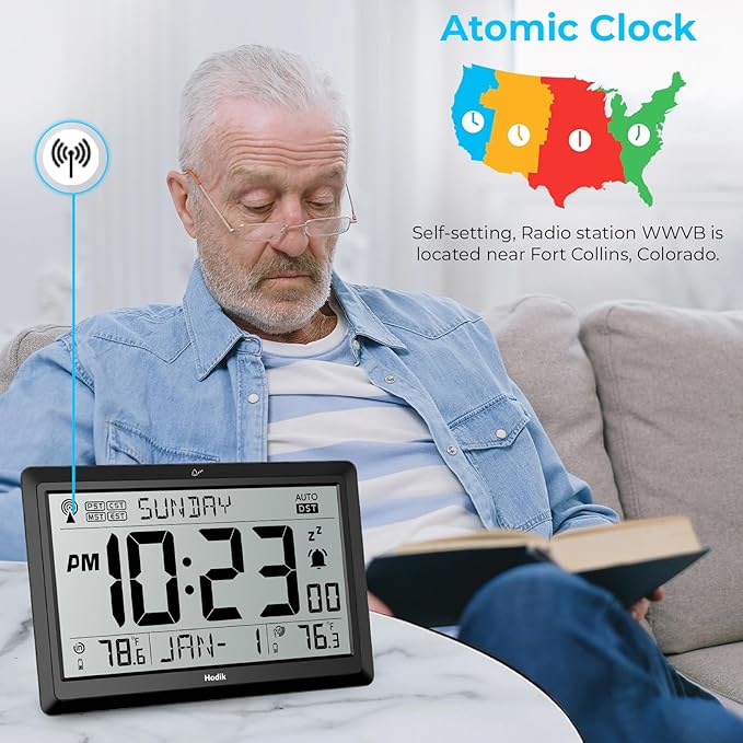 Wall Clock Atomic with Indoor Outdoor Temperature Battery Powered, Easy Reading with 10.5 Inch Large LCD Display, 330FT Range Table Wall Clock with DST, 12/24 Hour for Living Room Kitchen (Black)-Ruum Studio Home