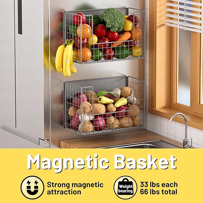 Magnetic Shelf for Fridge, Fruit Potato & Onion Storage Bins, Pantry Organizers & Storage, Large Container Magnetic Basket for Refrigerator, Kitchen Counter,Cabinet Magnetic Fridge Organizer Silver 2-Ruum Studio Home