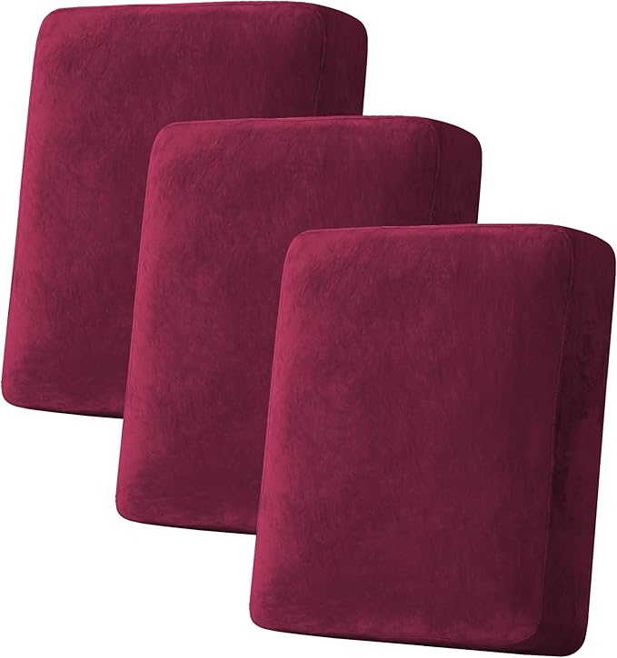 H.VERSAILTEX Velvet Stretch Couch Cushion Cover Plush Cushion Slipcover for Chair Loveseat Sofa Cushion Furniture Protector Seat Cushion Sofa Cover (3 Piece Sofa Cushion Covers, Burgundy)-Ruum Studio Home