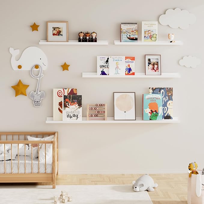 Picture Ledge Shelf for Wall, Floating Shelves Set of 4, 36 Inch Long Nursery Book Shelves for Toys Storage, Kids Bookshelf Wall Mounted for Books Photo Frames, White-Ruum Studio Home
