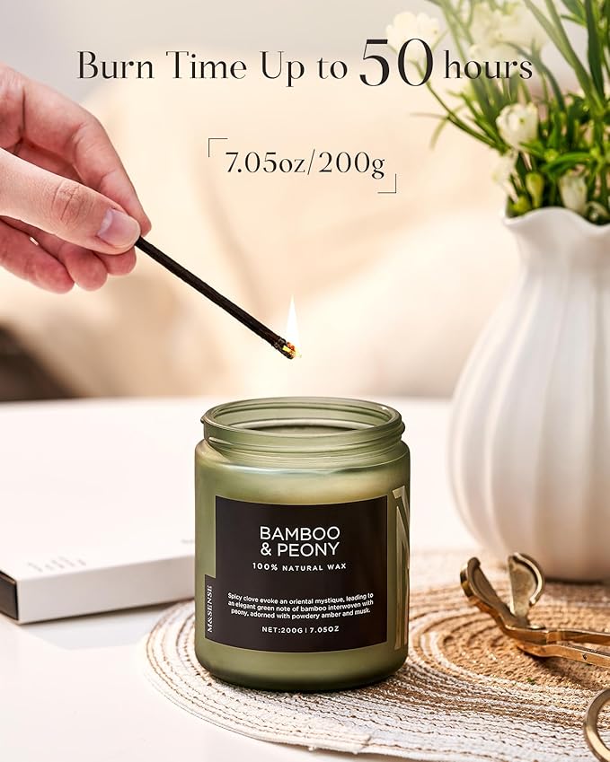 M&SENSE Bamboo Peony Spring Jar Candles for Home Scented Natural Organic Soy Candle Gifts for Women, 7.05oz 50 Hour Hours Burn Fresh Smelling Aromatherapy Gifts for Stress Relief-Ruum Studio Home