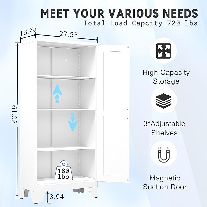 61.02" Pantry Cabinet, Kitchen Pantry Storage Cabinets with Adjustable Shelves and Feet, White Pantry Storage Cabinet for Kitchen, Dining Room, Living Room and Bathroom (White) Metal-Ruum Studio Home