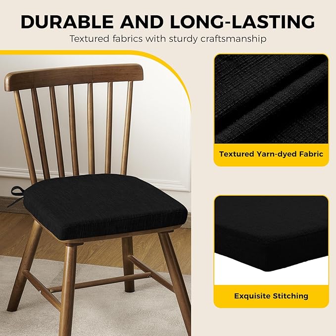 downluxe Indoor Chair Cushions for Dining Chairs, Soft and Comfortable Textured Foam Kitchen Chair Pads with Ties and Non-Slip Backing, 16" x 16" x 2", Black, 4 Pack-Ruum Studio Home