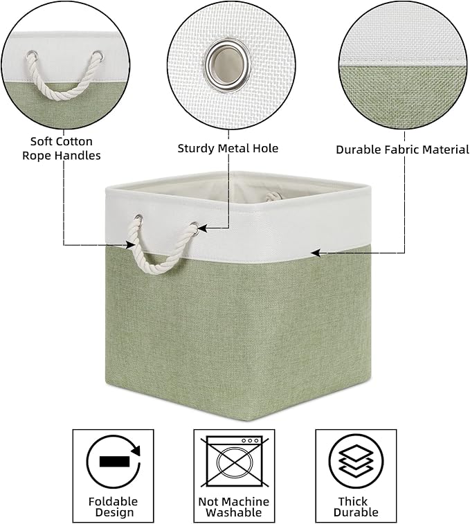Bidtakay Cubby Storage Bins Set of 3 Fabric Baskets for Shelves Closet Drawer Organizer Storage Cubes 13x13 Collapsible Organization Baskets for Nursery Toy Shelf (White&green)-Ruum Studio Home