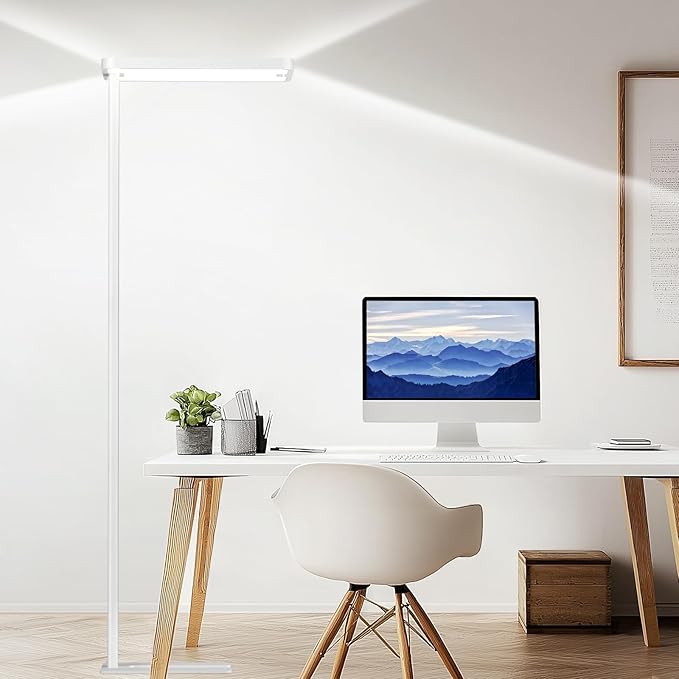 EMITEVER LED Floor Lamp, 100W Spectrum Eye Care Standing Lamp, 77'' Dimmable Motion Sensing & Daylight Sensing Reading Lamp for Study, Living Room, Conference, Office, 4000K Natural Daylight, White-Ruum Studio Home