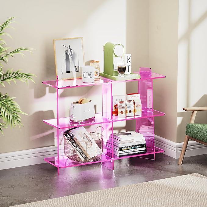 Acrylic Bookshelf, Small 3 Tier Open Bookcase for Small Spaces,Sofa Table, Hallway Entry Table for Home Living Room (Pink, 39.4'' x 11.8'' x 31.5'')-Ruum Studio Home