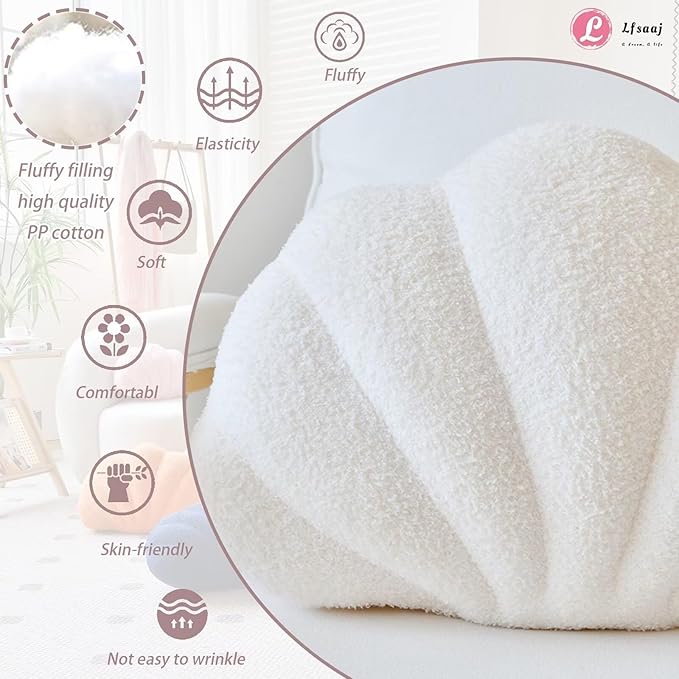 Ivory Seashell Throw Pillows, Shell Shaped Throw Pillows, 13 Inch Soft Home Decorative Pillow Plush Cushion for Bed Couch Living Sofa Room Decor Accent Throw Pillow-Ruum Studio Home