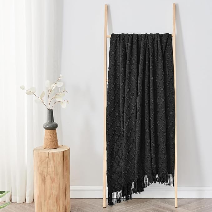 inhand Knitted Throw Blankets for Couch and Bed, Soft Cozy Knit Blanket with Tassel, Black Lightweight Decorative Blankets and Throws, Farmhouse Warm Woven Blanket for Men and Women, 60"x80"-Ruum Studio Home