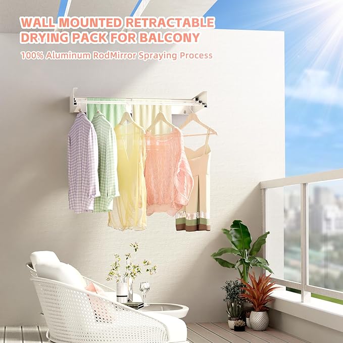Wall Mounted Drying Rack for Laundry 19.8'', Folding Drying Rack Clothing Wall Mount with 3 Rods, Space Saving for Indoor Outdoor Bathroom Balcony (White, 19.8'')-Ruum Studio Home