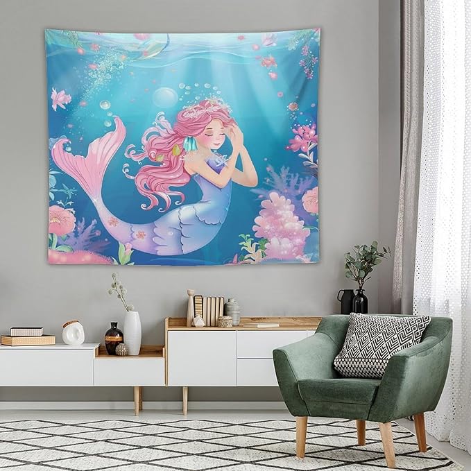 HZOHNAGO Mermaid Girls Tapestry Watercolor Flowers Mermaid Princess Blessing Pattern for Kids Room Decoration Printed Wall Tapestry Wall Hanging for Bedroom Living Room Dorm 60" W x 50" H-Ruum Studio Home