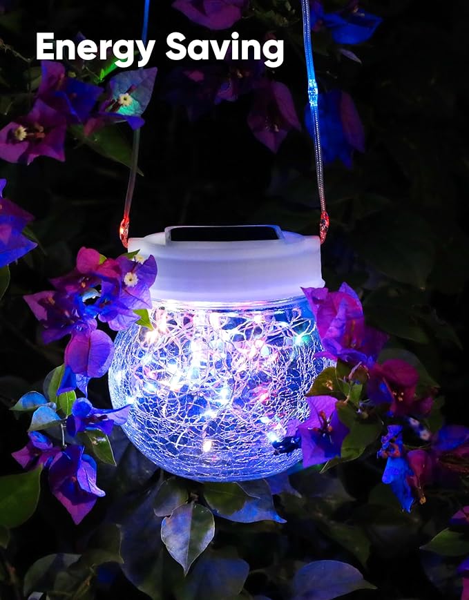 Solar Lantern Solar Lights Outdoor Waterproof 6-Pack, Solar Powered Hanging Lights Cracked Glass Hanging Globes for Christmas Decoration, Shepherd Hook, Garden Tree Ornaments,White Cap, Multi-Color-Ruum Studio Home