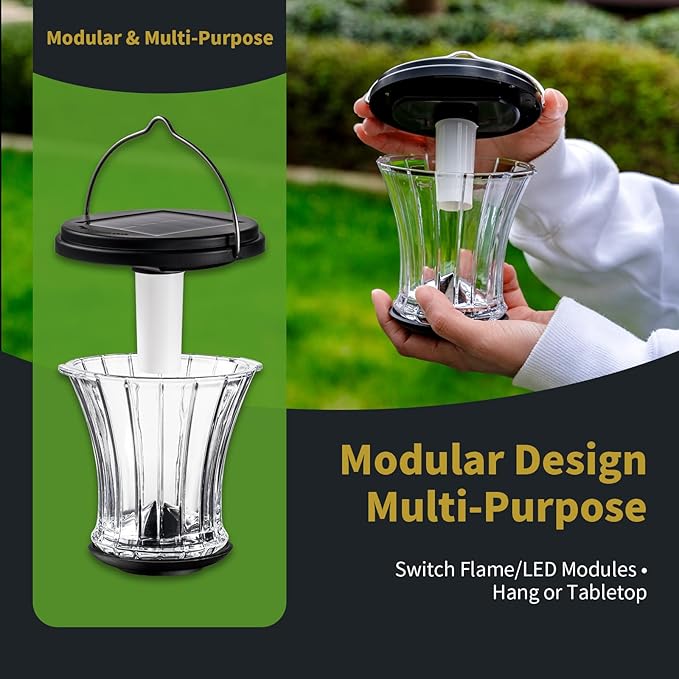 Glass Solar Lantern Outdoor Lights Waterproof, Flickering Flame Solar Lights with Modular Design, Auto On/Off Decorative Hanging Lanterns for Patio Garden Pathway Camping Deck Yard (4 Pack)-Ruum Studio Home