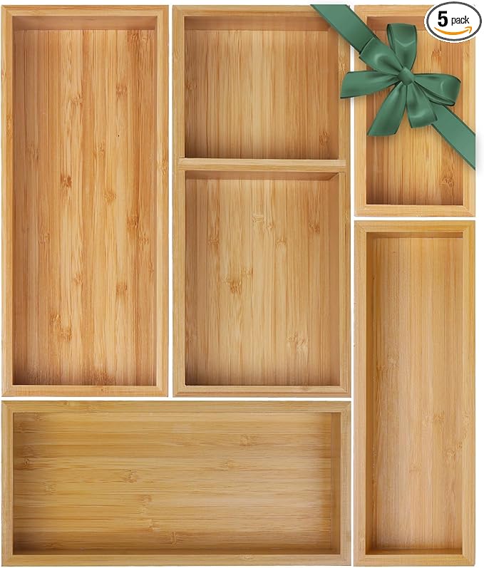 Bamboo Drawer Organizer Set, 5 PCS Multi-Use Individual Wood Storage Organizers, Junk Drawer Divider and Storage Trays Containers for Kitchen, Bathroom, Office Desk, Makeup, Jewelry, Utensils-Ruum Studio Home