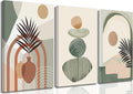 3 Pcs Mid Century Modern Boho Abstract Canvas Wall Art Neutral Green Bohemia Sun and Plant Pictures Wall Decor Posters Print Artwork for Living Room Bedroom Bathroom Office Home Decoration-Ruum Studio Home