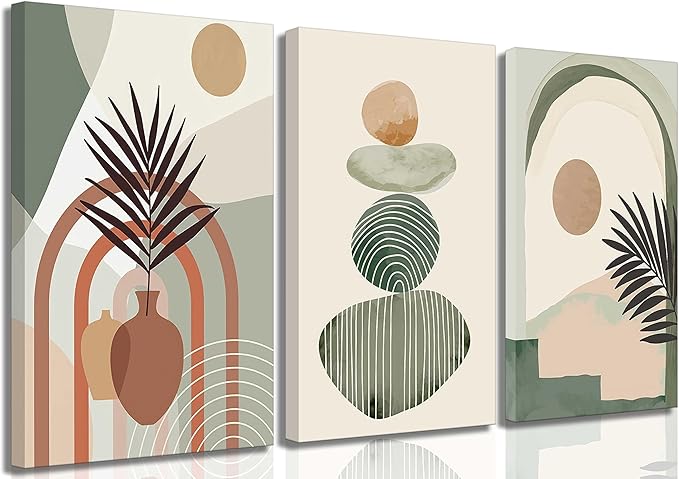3 Pcs Mid Century Modern Boho Abstract Canvas Wall Art Neutral Green Bohemia Sun and Plant Pictures Wall Decor Posters Print Artwork for Living Room Bedroom Bathroom Office Home Decoration-Ruum Studio Home