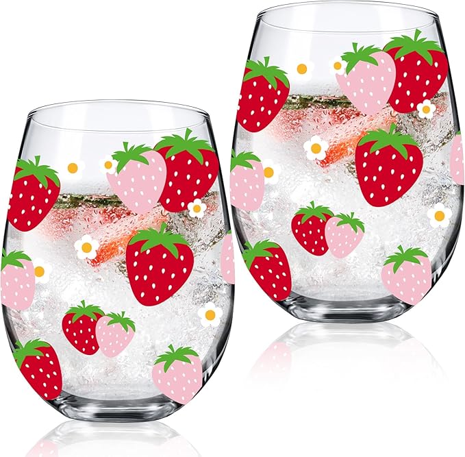 Sliner 2 Pack 17oz Strawberry Stemless Wine Glasses for Women Strawberry Cups Colorful Conversation Drinking Glass for Mother's Day Gift Birthday Party Supplies Graduation Gifts Theme Events-Ruum Studio Home