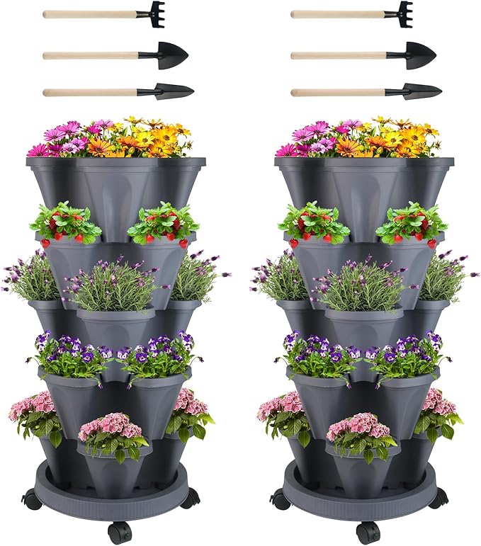 Vertical Planter 5 Tier Stackable Planters Garden Planters Strawberry Herb Flower and Vegetable Planter Indoor Outdoor Gardening Pots with Removable Wheels and Tools-Ruum Studio Home