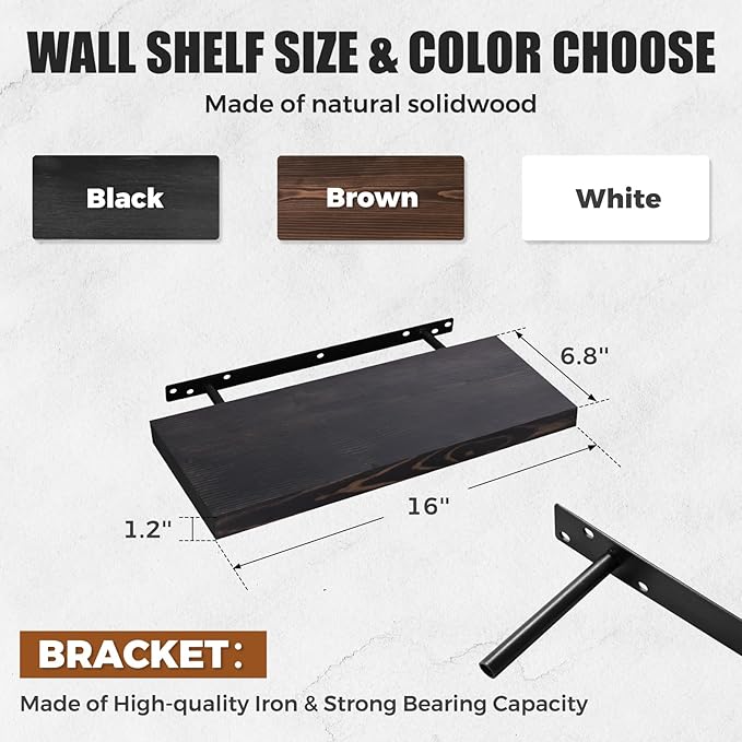 Floating Wall Shelves - 16"x6.8"x1.2" Sturdy Rustic Black Solid Wood Shelves for Storage and Décor, Easy Installation for Living Room, Bedroom, and Kitchen - 2 Pack-Ruum Studio Home