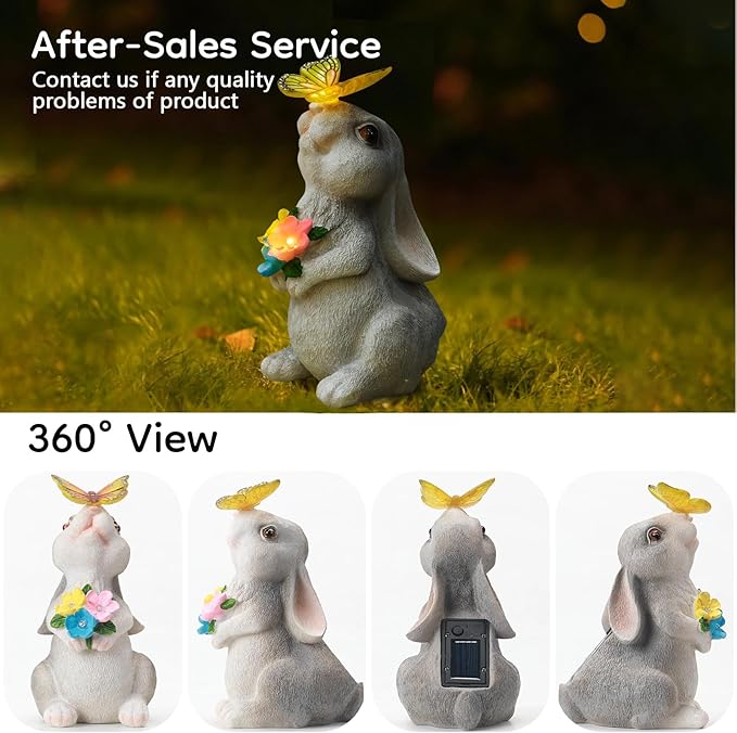 Solar Bunny Statues Light with Butterfly LED - Auto On/Off Weathproof Resin Garden Figurine Decor Gift for Pathway, Patio & Mom's Flower Bed (Warm Light)-Ruum Studio Home