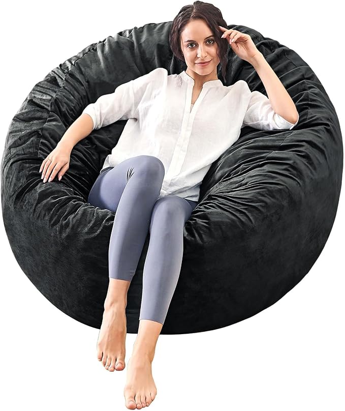 Bean Bag Chairs for Adults - Memory Foam Furniture BeanBag Chair - Kids/Teens Sofa with Soft Micro Fiber Cover - Round Fluffy Couch for Living Room Bedroom College Dorm - Carbon Black-Ruum Studio Home