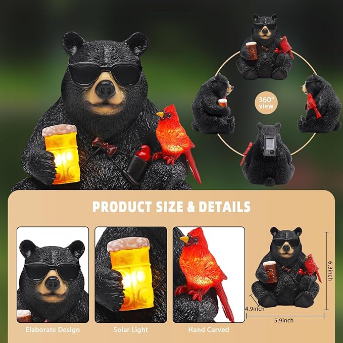 Solar Black Bear Statue for Garden with Beer and Cardinals 6.3" Resin Garden Statues for Outside Yard Paito Porch Decor Birthday Gardening Gifts for Women Mother Sister Grandmother Wife-Ruum Studio Home