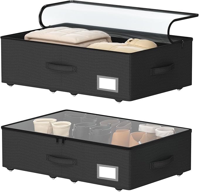 Underbed Storage Bins with Wheels, No Assembly Required - 7.5 inch height Black Large Capacity Rolling Underbed Containers for Shoes, Dorm under bed storage drawers-Ruum Studio Home