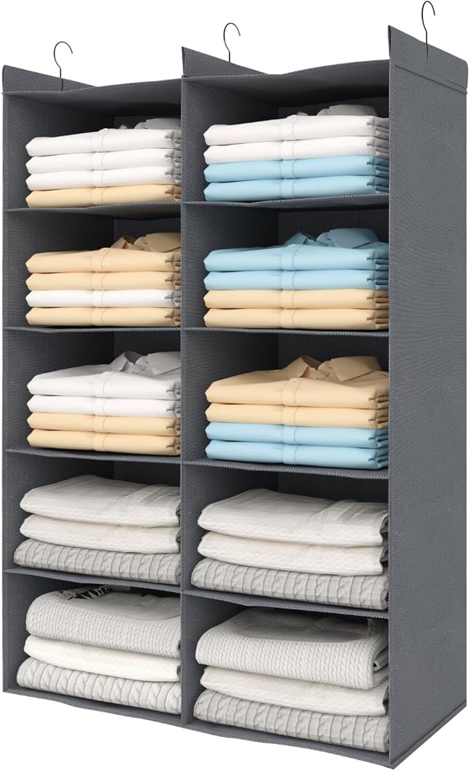 5 Tier Shelf Hanging Closet Organizer, Dual-Row 10 Pocket Cloth Hanging Shelf with 3 Sturdy Hooks for Storage, Foldable (Grey)-Ruum Studio Home