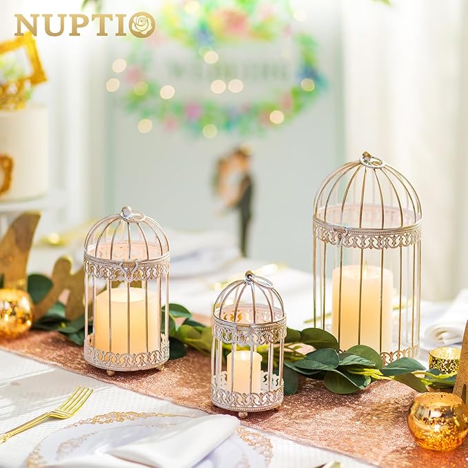 NUPTIO Decorative Bird Cage Lantern: 2 Set of 10 inch Tall Rustic White Birdcage Lanterns Centerpiece Vintage Decorating Metal Pillar Candle Holder for Christmas Bridal Shower Party Decor-Ruum Studio Home