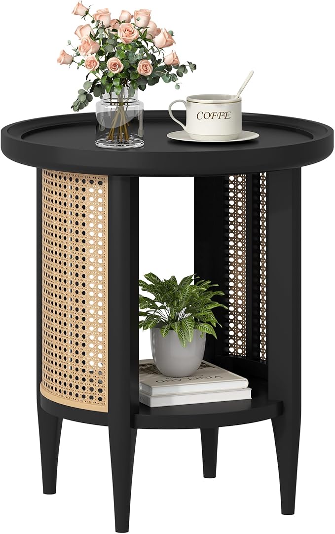 Yusong Round End Table Rattan Side Table with Solid Wood Legs, Boho Style Nightstand Bedside Table with 2-Tier Shelves, Small Coffee Table for Living Room Bedroom Small Spaces Black-Ruum Studio Home