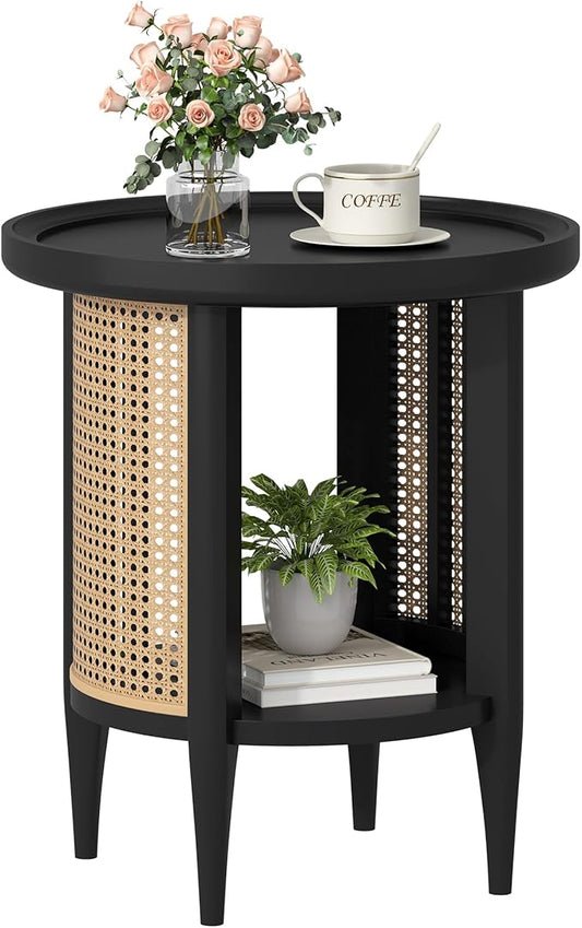 Yusong Round End Table Rattan Side Table with Solid Wood Legs, Boho Style Nightstand Bedside Table with 2-Tier Shelves, Small Coffee Table for Living Room Bedroom Small Spaces Black-Ruum Studio Home