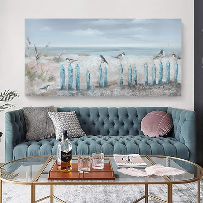 Big Wall Art for Living Room Extra Large Hand-painted Beach Oil Painting Ocean Sea Bird Seagull Canvas Artwork Framed Seascape Coastal Picture for Office Bedroom Decor 60 x 30 inch-Ruum Studio Home