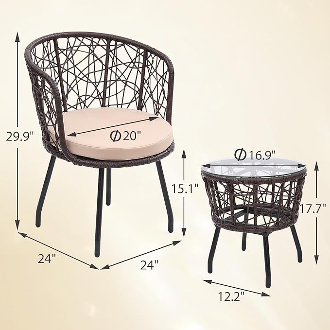 Kromax 3 Piece Bistro Set, Modern Outdoor Wicker Patio Furniture with Tempered Glass Table Top and 2 Chairs, Washable Cushions, Brown Rattan and Begie Cushion-Ruum Studio Home