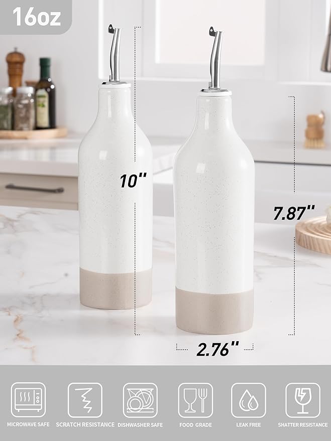 famiware Milkyway 16oz Ceramic Olive Oil Dispenser Bottle, Olive Oil and Vinegar Dispenser Bottle Set of 2 with Stainless Steel Pourers, Suitable for Storage Vinegar, Soy Sauce, Liquids, White-Ruum Studio Home
