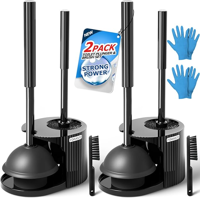 2Pack 2 in 1 Toilet Brush and Plunger Set, Extended Handle Plunger,Toilet Bowl Brush Plunger Set,Clean Gloves,Cleaning Tools,Cleaning Brush,Cleaning Supplies,Toilet Brush Plunger Combo,Black-Ruum Studio Home