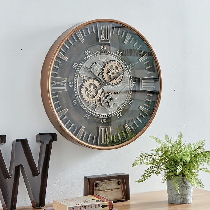 CLXEAST 24 Inch Large Moving Gear Wall Clock for Farmhouse Living Room Decor,Vintage Industrial Bronze Gold Metal Wall Clock for Home Office,House Warming Gifts New Home-Ruum Studio Home