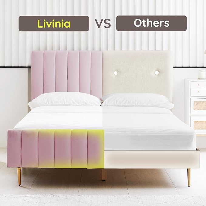 Livinia Twin Size Elton Velvet Platform Bed, Upholstered Bed Frame with Vertical Channel Tufted Headboard Footboard, Strong Wood Slats, No Box Spring Needed, Pink (Twin)-Ruum Studio Home