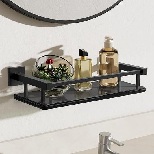 Alise Glass Shelves for Bathroom Wall, Tempered Glass Bathroom Shelf Wall Mounted, Modern Space Saving Floating Shelves 12 inch, Matte Black-Ruum Studio Home
