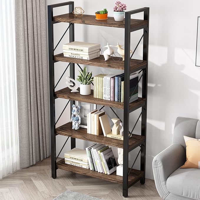 5 Tier Bookshelf Rustic Solid Wood Industrial Style Bookcase,Metal and Real Wood Vintage Bookshelf,Book Shelves Home Office, Retro Brown,Dark Matching credenza(LZ01-05tier) (5Tiers)-Ruum Studio Home