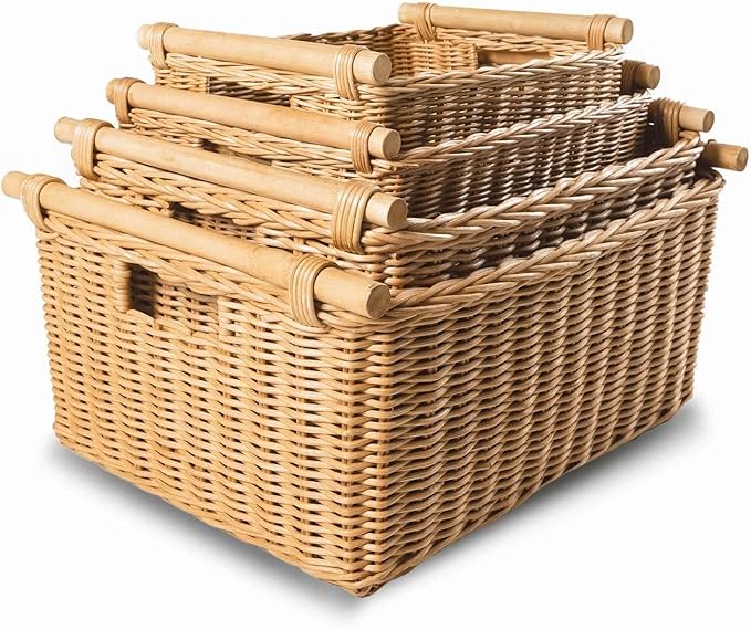 The Basket Lady Pole Handle Wicker Storage Basket, Large, 18 in L x 14.5 in W x 9 in H, Sandstone-Ruum Studio Home