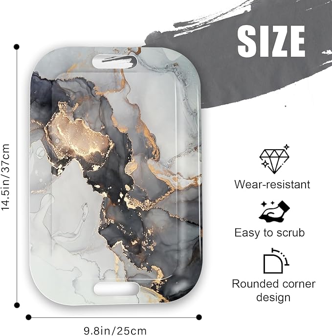 Serving Trays with Handles, 14.5 x 9.8 inch Rectangular Plastic Tray for Restaurant, Kitchen, Gray and Golden Marble-Ruum Studio Home