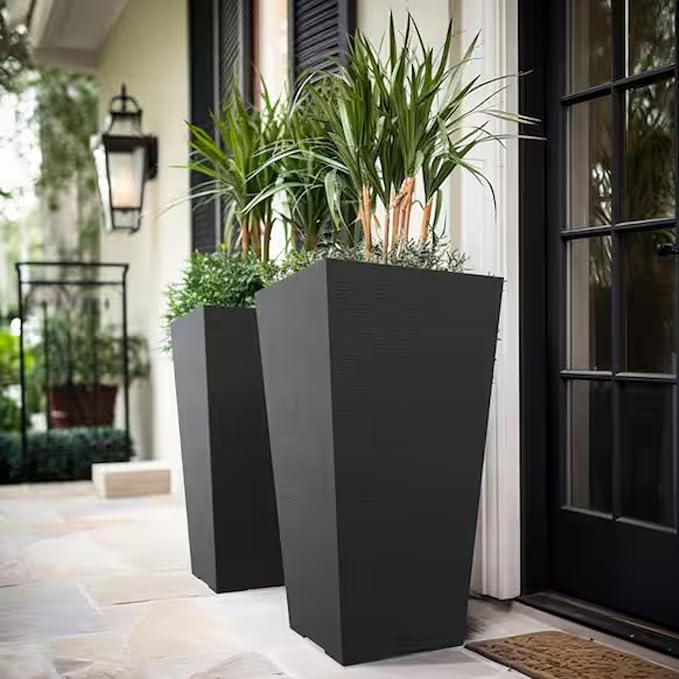GreenShip 27" Tall Planters, Set of 2 – Black Outdoor Planter for Front Porch & Tall Plants, Weather-Resistant, with Drainage Hole & Rubber Plug (No Plants Included) (Black-2pcs)-Ruum Studio Home