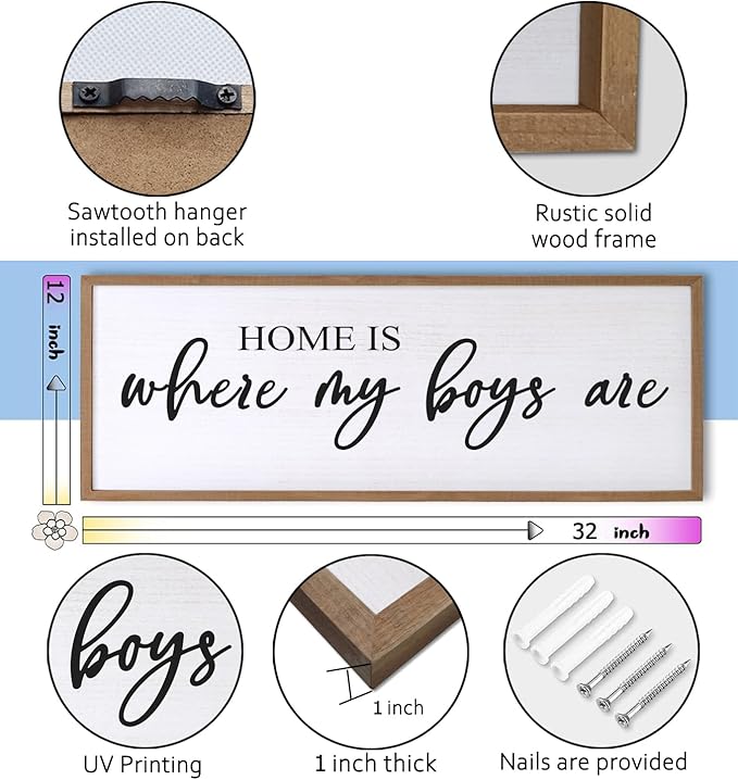 Home is Where My Boys are Sign Framed Wall Art, 32''×12'' Rustic Horizontal My Son Plaque with Natural Frame for Baby Kid Boy Son Teen Toddlers Room, Horizontal Mom of Boys Gifts Nursery Decor-Ruum Studio Home