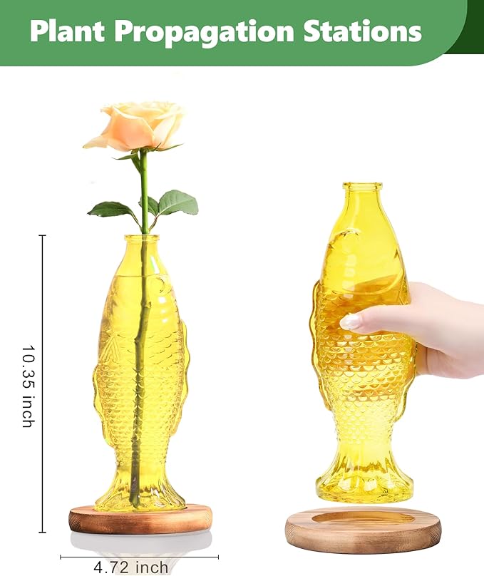 Nacome Fish Vase Glass Plant Terrarium with Wooden Stand,Planter Propagation Station for Home Office Hydroponics Desk Decoration,Unique Gardening Gifts for Plant Lovers Women Mom(Yellow)-Ruum Studio Home