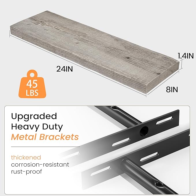 Fun Memories Floating Shelves for Wall Decor, 24"x8" Rustic Reclaimed Wood Shelves, Heavy-Duty Wall Mounted Shelves with Invisible Brackets, Set of 2for Living Room, Bedroom, Kitchen, Grey Finish-Ruum Studio Home