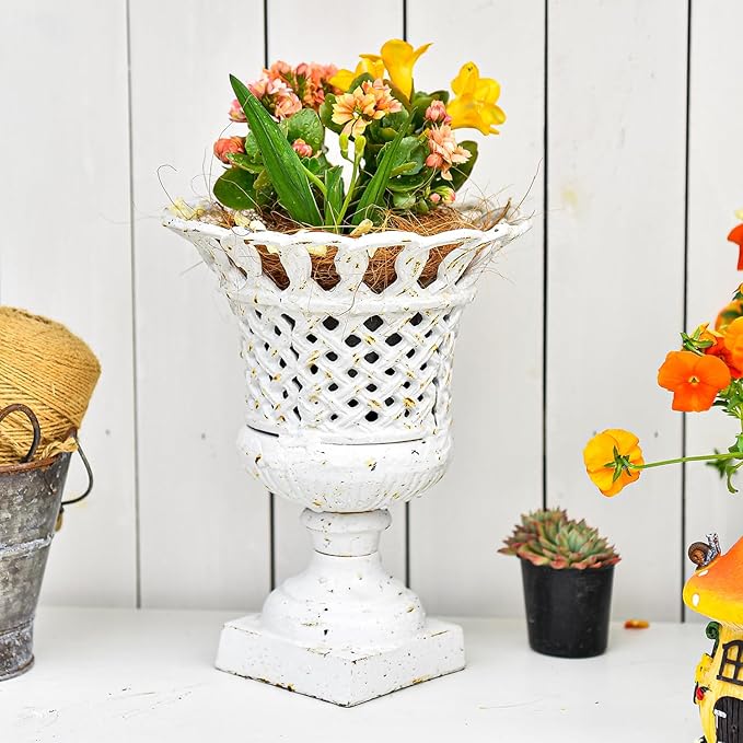 Sungmor Heavy Duty Cast Iron Urn Planter, Beautiful Hollow Trophy Design Tall Orchid Flower Pot, Large Decorative Plastic Flowers Plants Bouquets Vase, Rustic French Country Pot for Home or Garden-Ruum Studio Home
