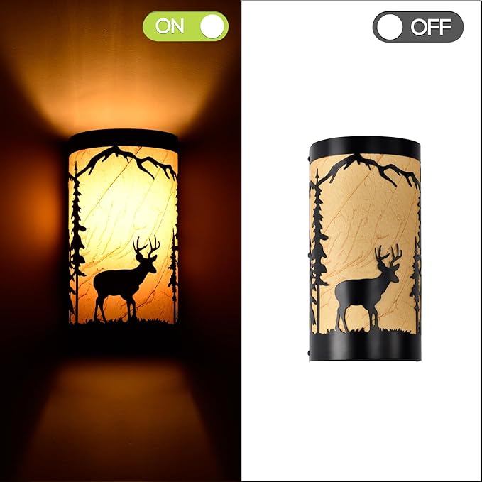 Wall Sconce Light,Deer Metal Yellow Parchment Farmhouse Wall Sconce,Rustic E26 Base Wall Mount Lamp,Vintage Matte Black Bedroom Wall Lights,Indoor Wall Lamps for Living Room,Hallway,Porch-Ruum Studio Home