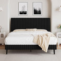 Queen Bed Frame, Velvet Upholstered Platform Bed with Vertical Channel Tufted Headboard, No Box Spring Required, Easy Assembly, Black-Ruum Studio Home