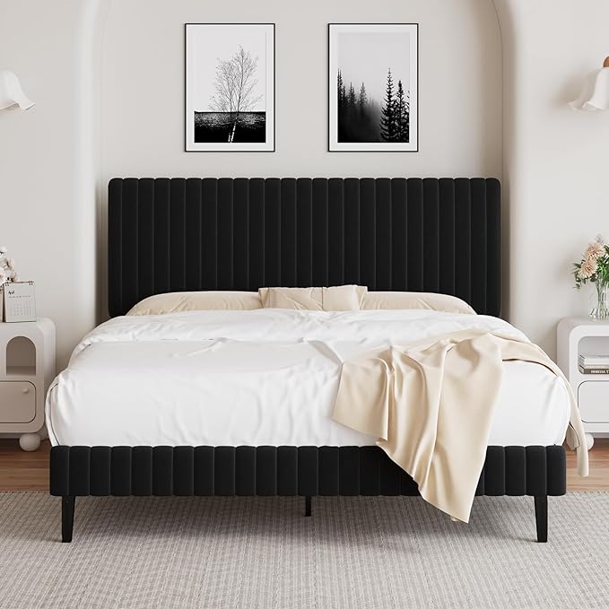Queen Bed Frame, Velvet Upholstered Platform Bed with Vertical Channel Tufted Headboard, No Box Spring Required, Easy Assembly, Black-Ruum Studio Home