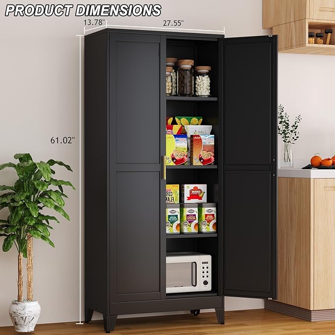 Metal Pantry Cabinet with 2 Doors and Adjustable Shelves, 61"Kitchen Storage Cabinet with Gold Handles, Versatile Storage for Laundry, Living, Bathroom, Dining, Utility Room - Black-Ruum Studio Home