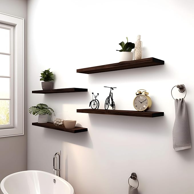 Wood Floating Shelves for Wall Decor, Rustic Wall Shelves for Bedroom Bathroom Kitchen Living Room, Set of 4 Walnut 24 Inch-Ruum Studio Home